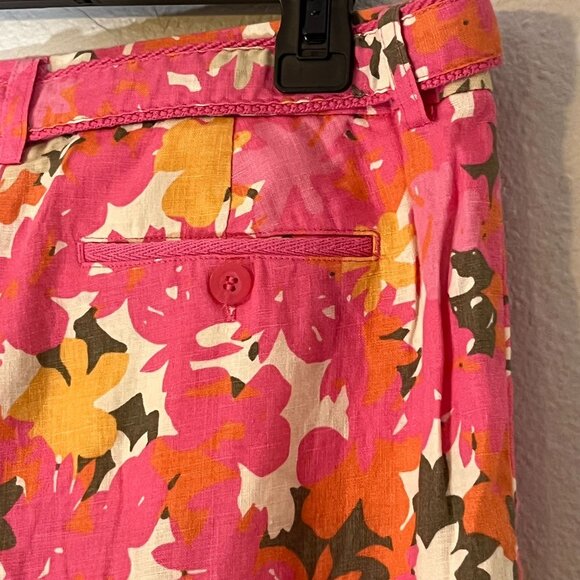 Sigrid Olsen Cropped Belted Wide Leg Linen Pants Pink Orange Floral Size 8 - Picture 10 of 10